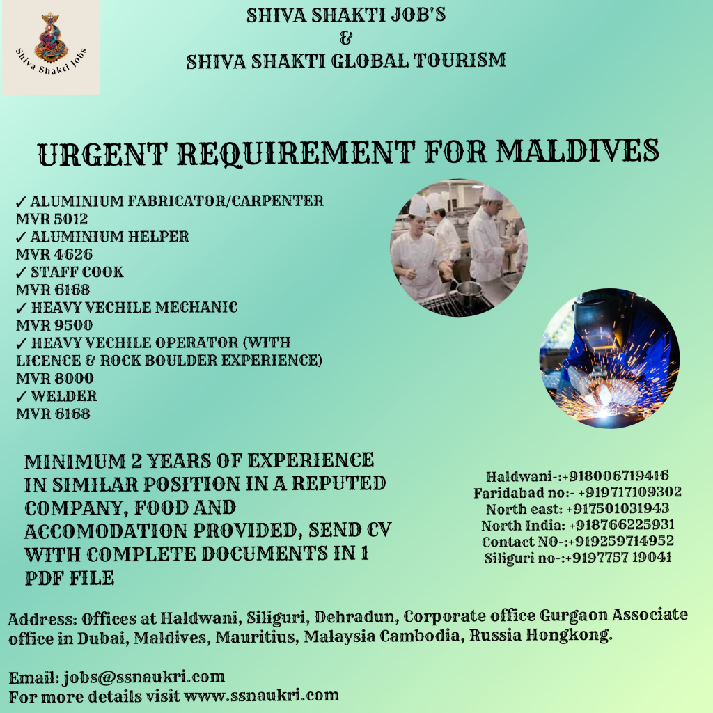 Urgent Requiremnts Jobs for Maldives